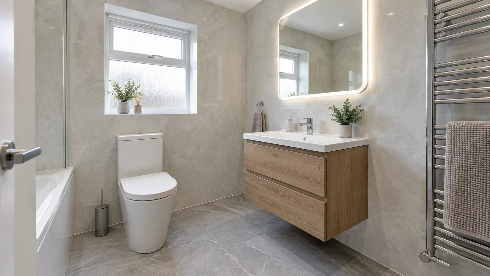 Finished tile-free bathroom with wall cladding, vanity unit and vinyl flooring