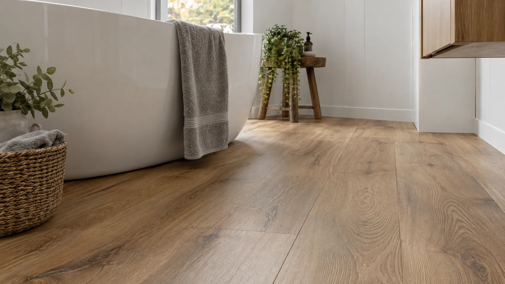 Wood-effect LVT bathroom flooring beside a freestanding bath