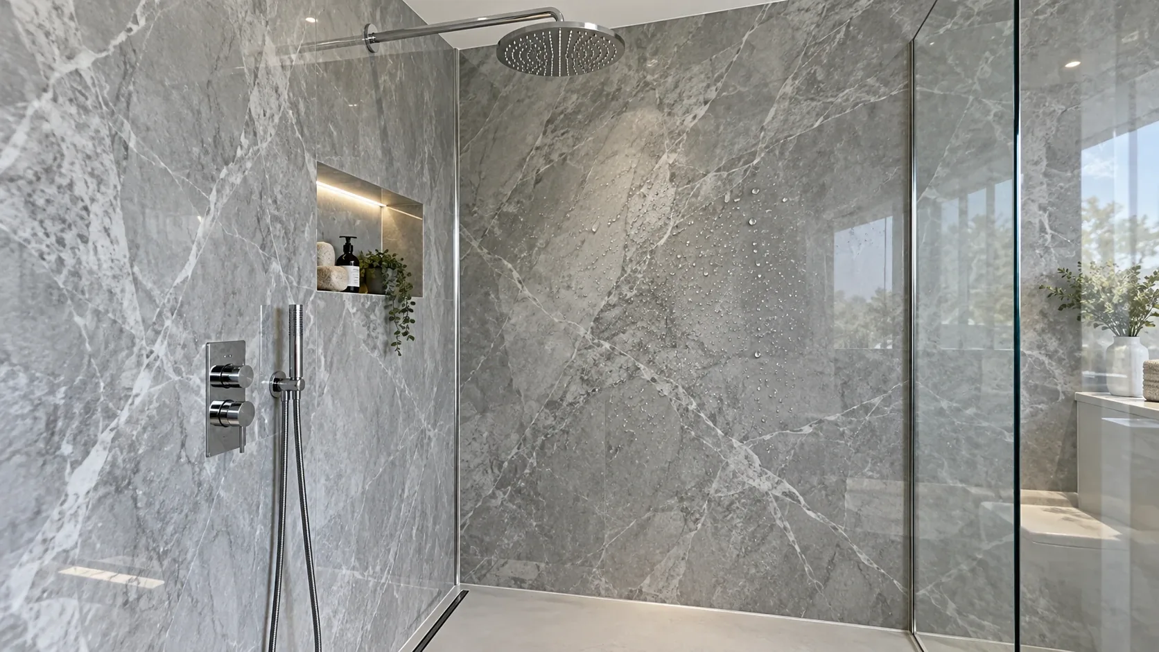Walk-in shower lined with seamless marble-effect bathroom wall panels