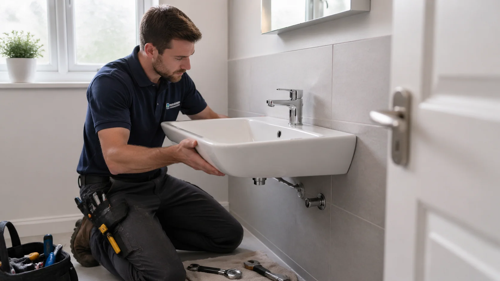 Bathroom fitter carefully installing a new basin