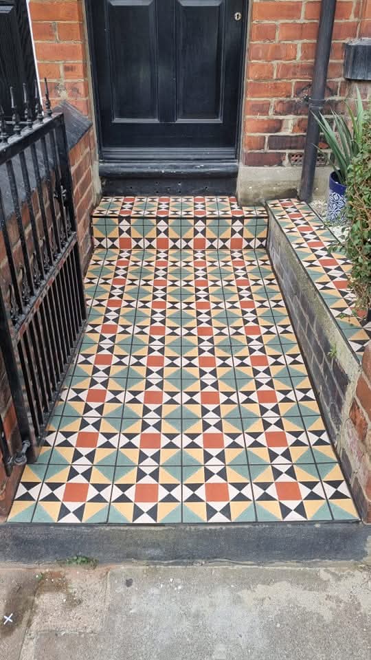 Victorian mosaic front path with star pattern in terracotta and sage green